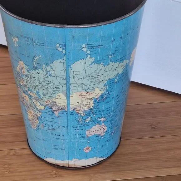Vintage Hammond's World Map Waste Basket Garbage Can Tin Litho Trash Can 50s 60s - Picture 5 of 14